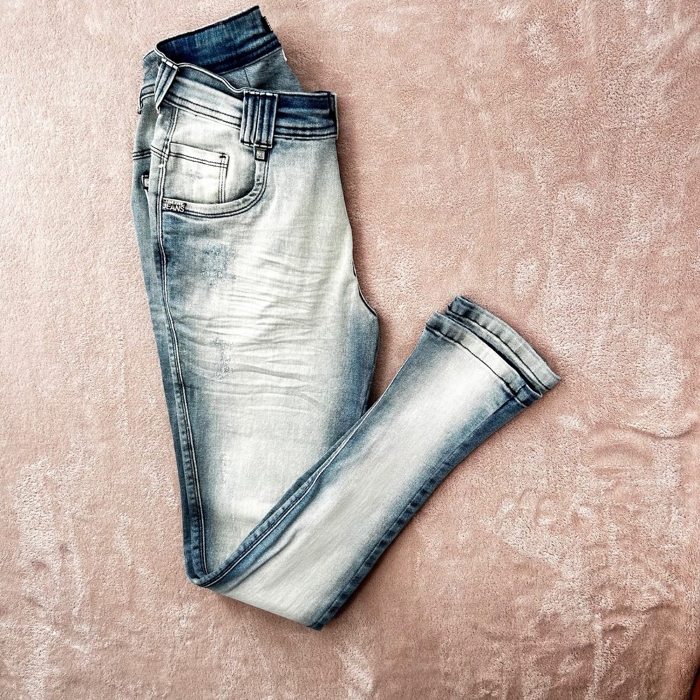 Pit Bull Jeans Mens Super Slim Light Wash Distressed Denim Jeans Blue